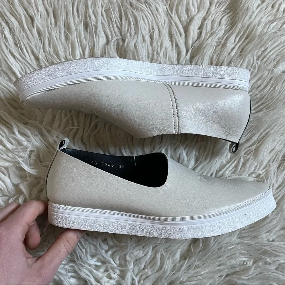 ALL BLACK White Leather Side Scoop Flatform Slip On Sneakers EUC Size 38